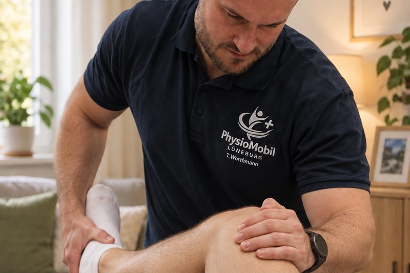 Jan-Tobias Worthmann behandelt bei einem Hausbesuch das Knie einer liegenden Person, im Wohnzimmer auf einer mobilen Behandlungsliege