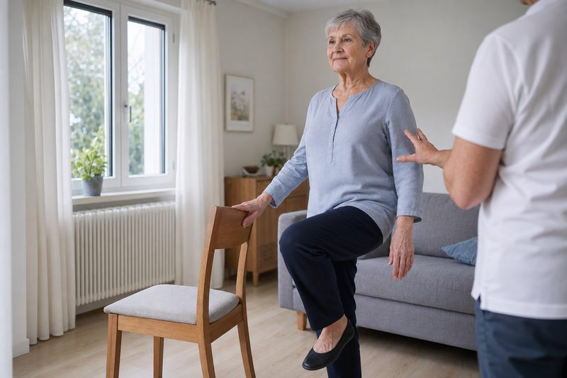 Ältere Frau übt im Wohnzimmer das Gleichgewicht, gestützt auf eine Stuhllehne, begleitet vom Physiotherapeuten