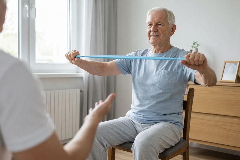 Älterer Mann trainiert im Sitzen mit einem Übungsband, angeleitet vom Physiotherapeuten